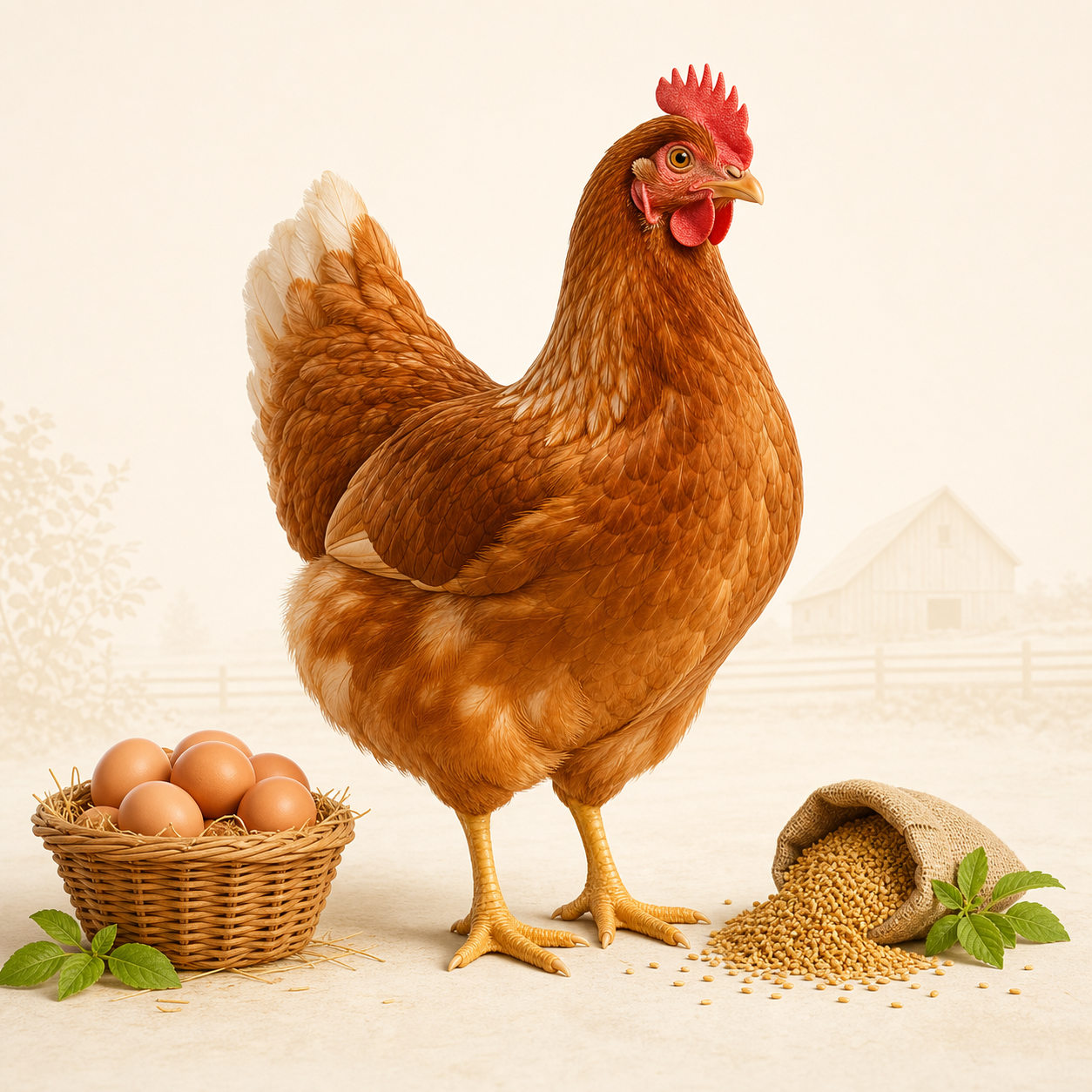 3D rendered healthy brown laying hen with eggs and feed